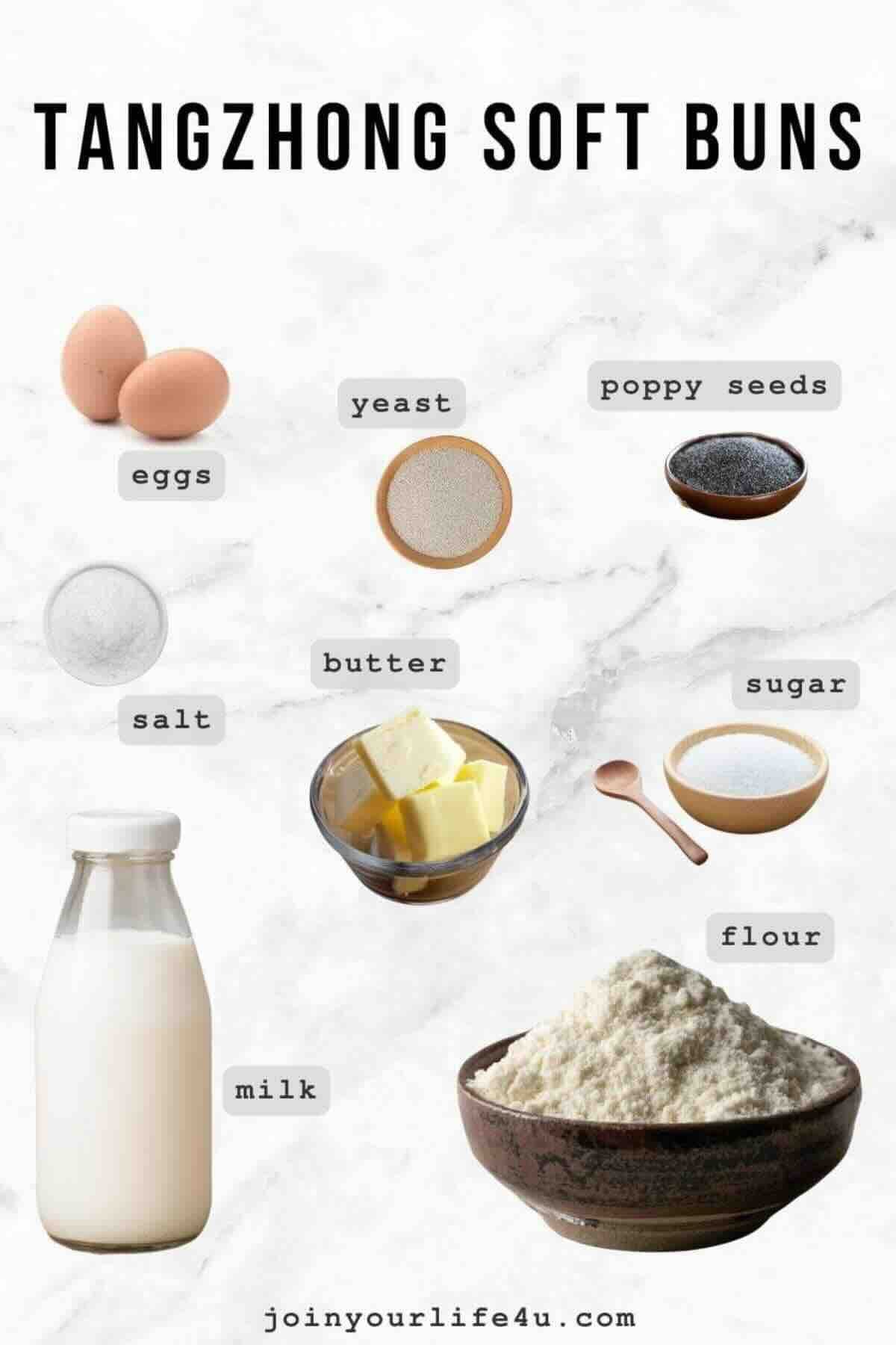 Bread flour, yeast, sugar, salt, butter, milk, egg, poppy seeds, individually displayed on a table.