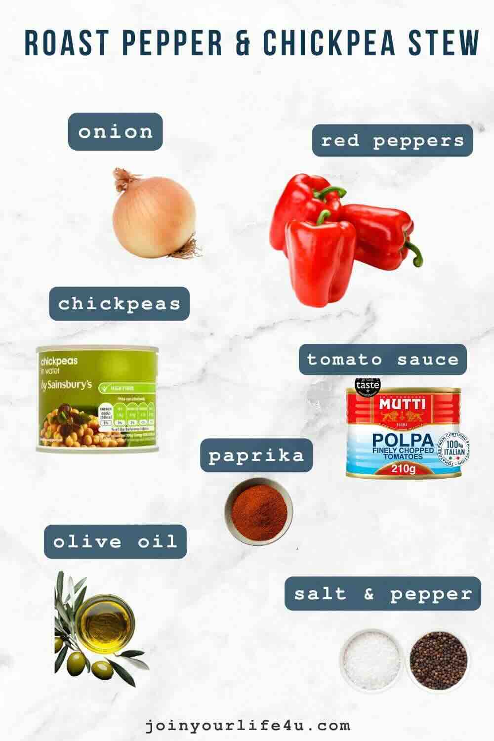 Onion, red bell peppers, chickpeas, tomato sauce, olive oil, paprika, chili powder, individually displayed on a table.