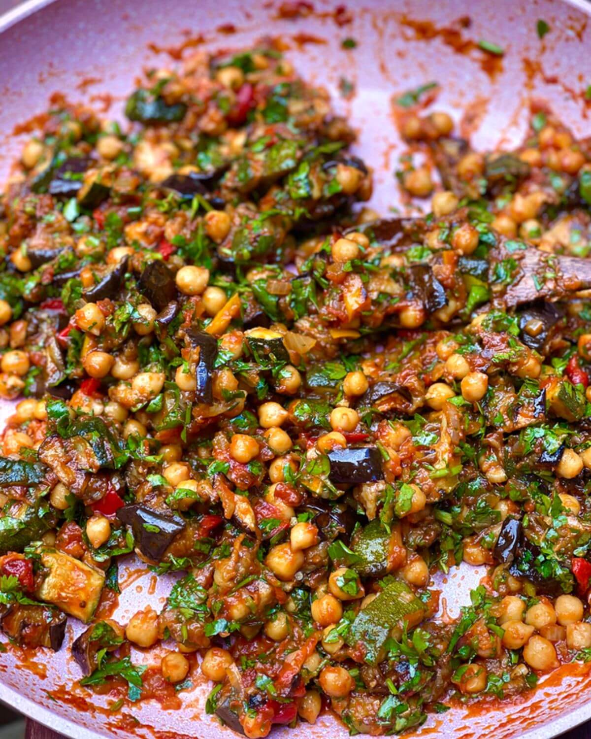 Chickpea Ratatouille displayed in a pan, a colorful and delicious dish.