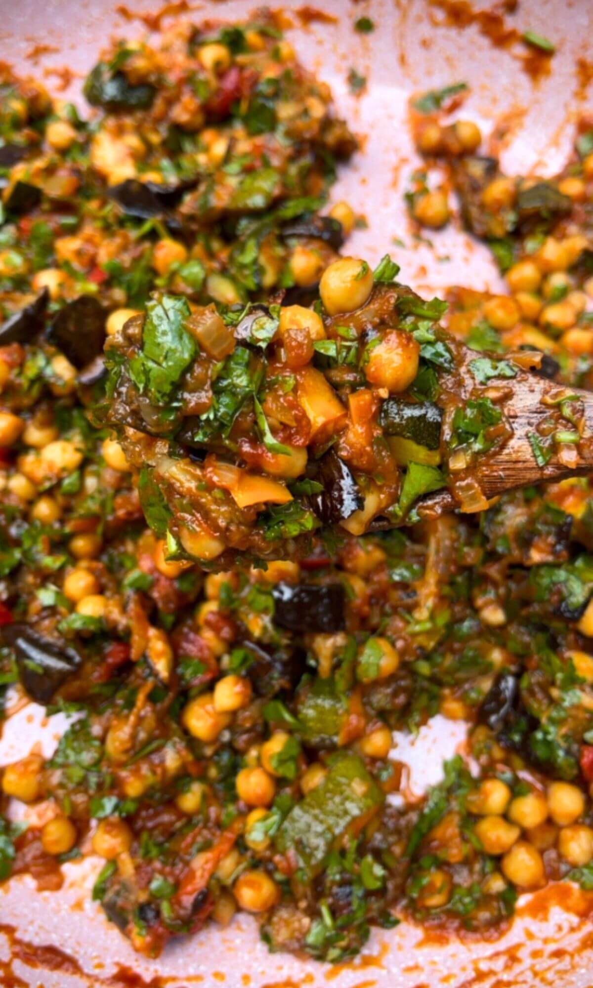 Delicious Chickpea Ratatouille in a pan, a hearty and colorful Mediterranean-inspired dish, ready to be served.