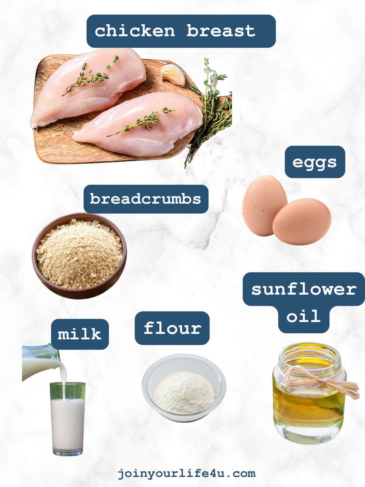 Chicken fillets, eggs, milk, flour, breadcrumbs, vegetable oil, salt, and pepper displayed on a table.