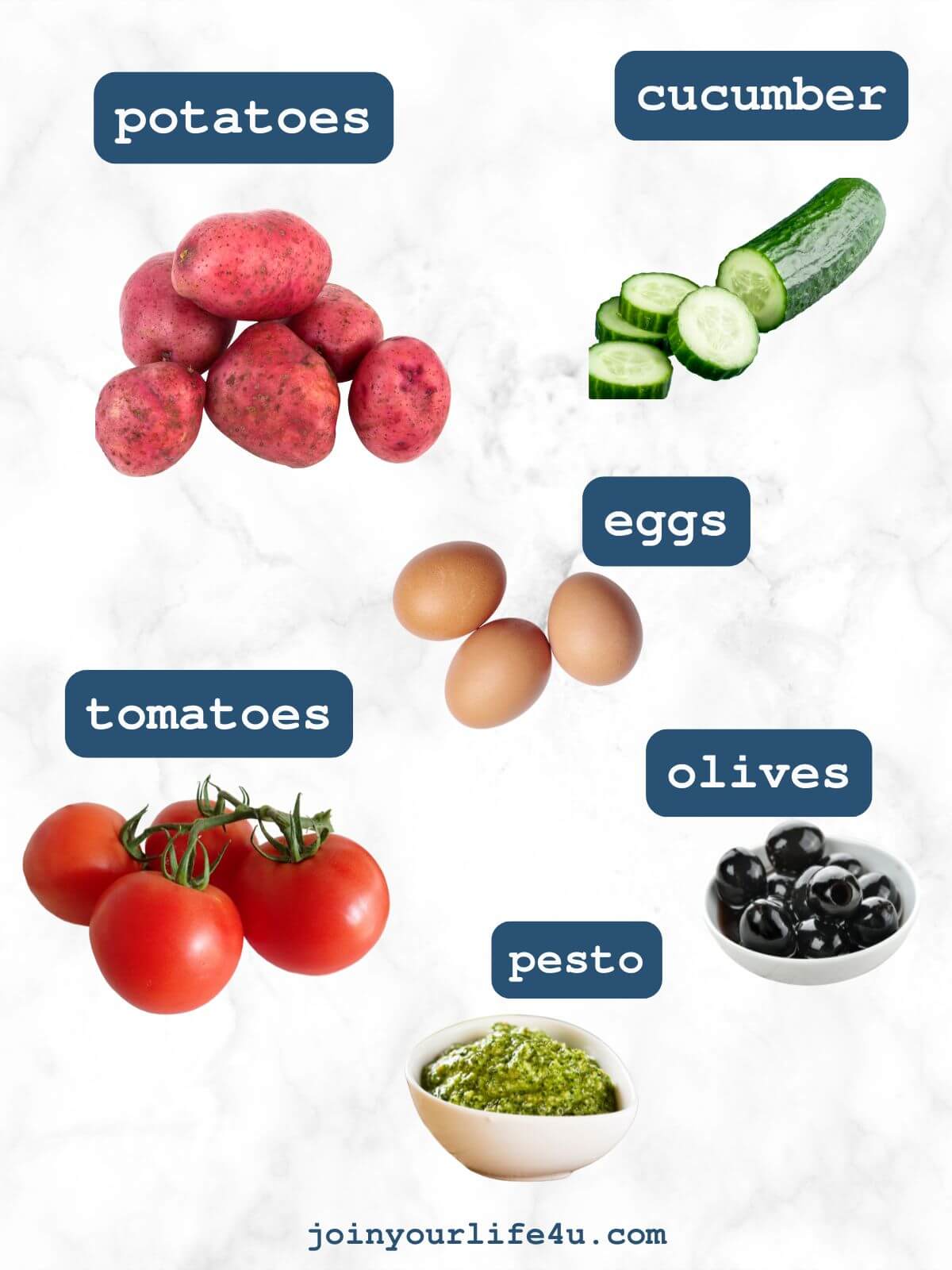 Red potatoes with cucumber, tomatoes, eggs, olives, and pesto on table.