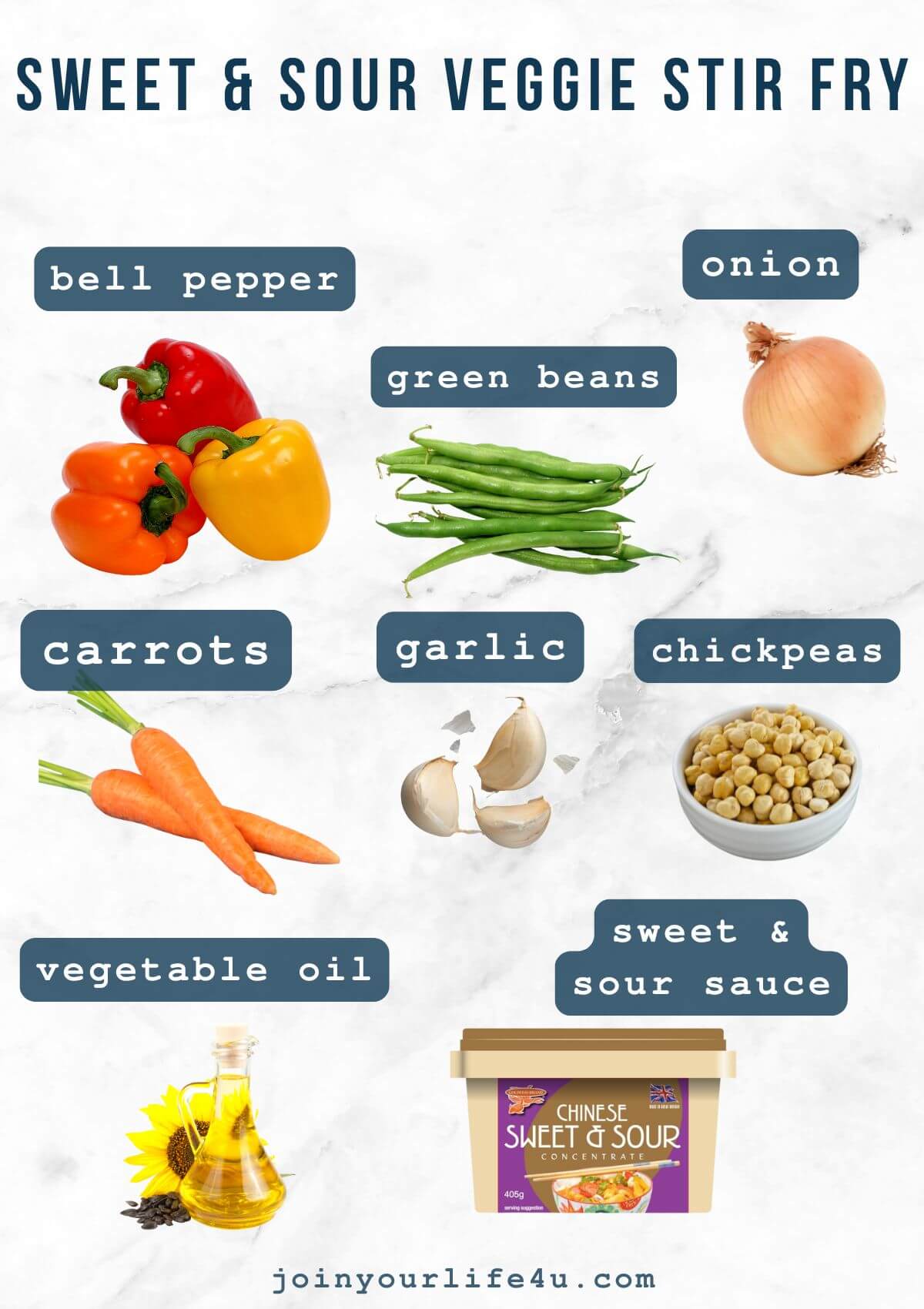 Vegetable oil, onion, bell peppers, carrots, chickpeas, green beans, garlic, chili, sweet and sour sauce, individually displayed on a table.