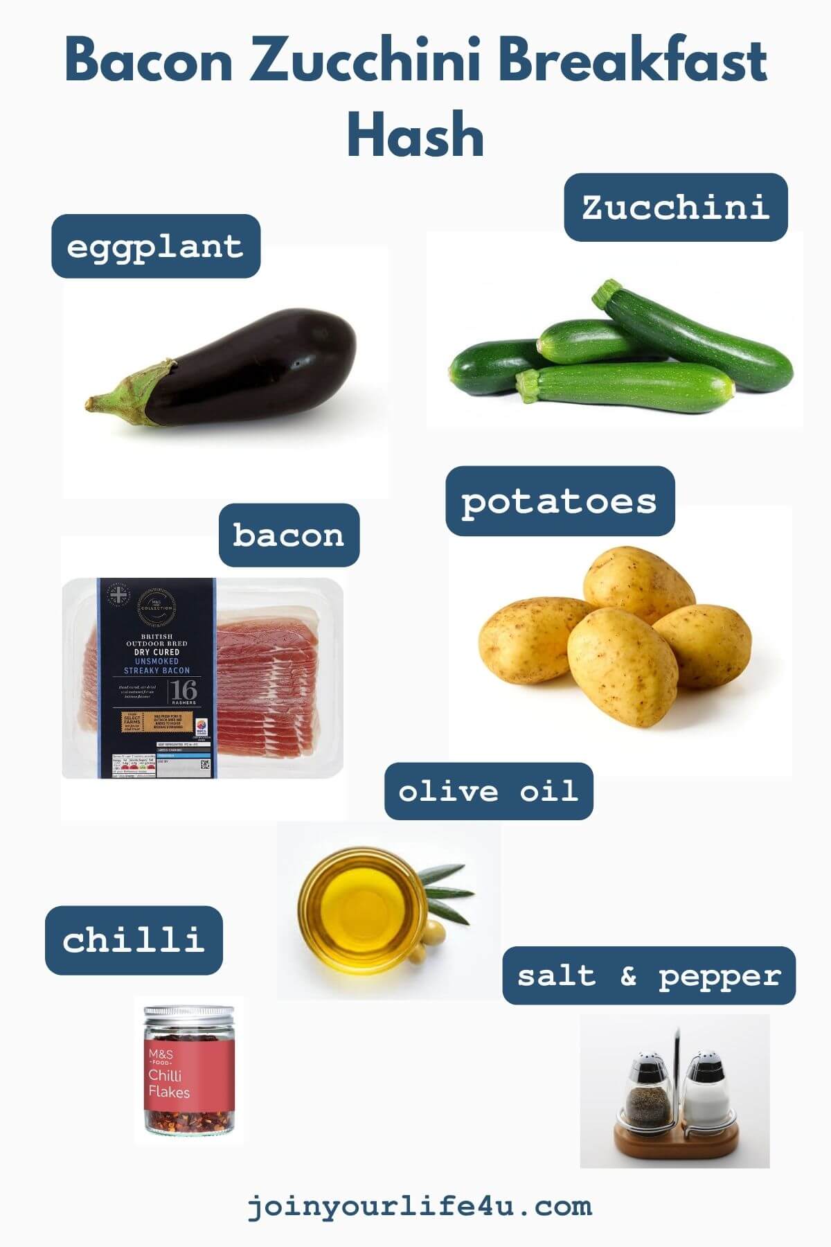 Olive oil, eggplant, zucchini, potatoes, bacon, individually displayed on a table.