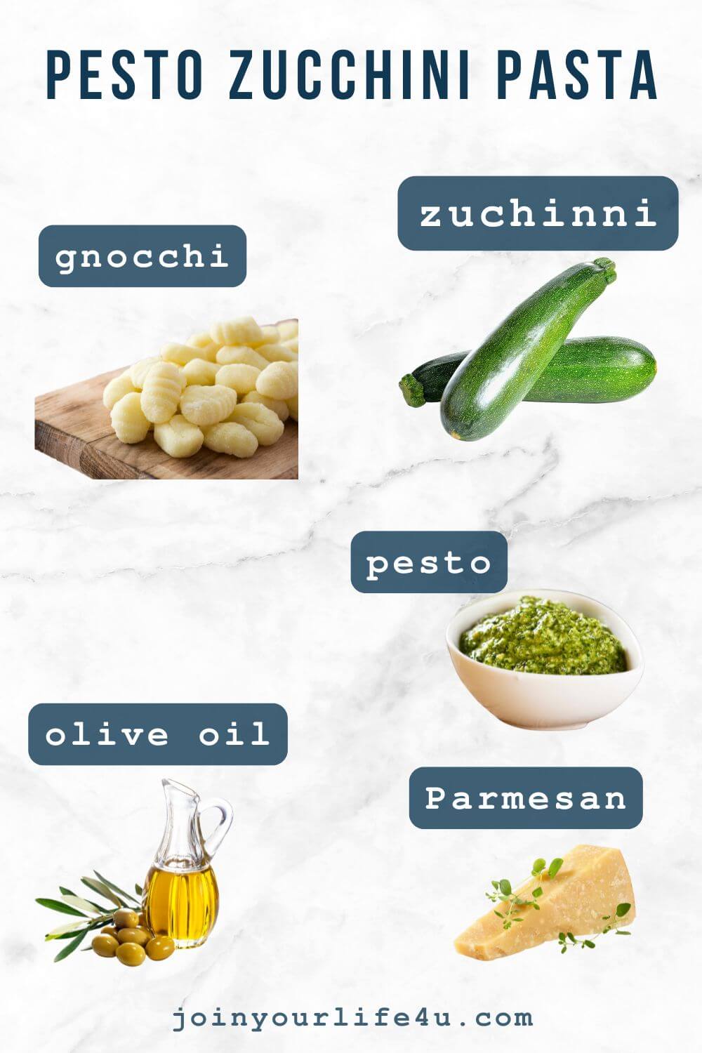 Gnocchi, zuchinni, olive il, pesto, parmesan, individually displayed on a table.