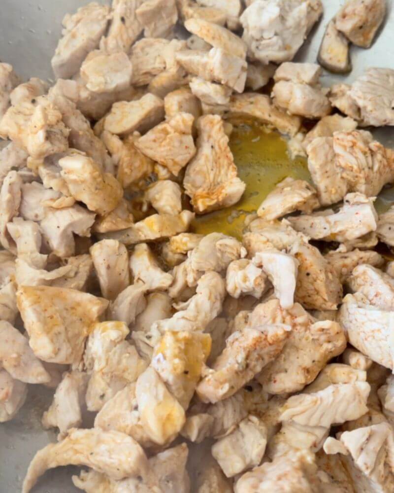 Cooked pieces of chicken breast. 