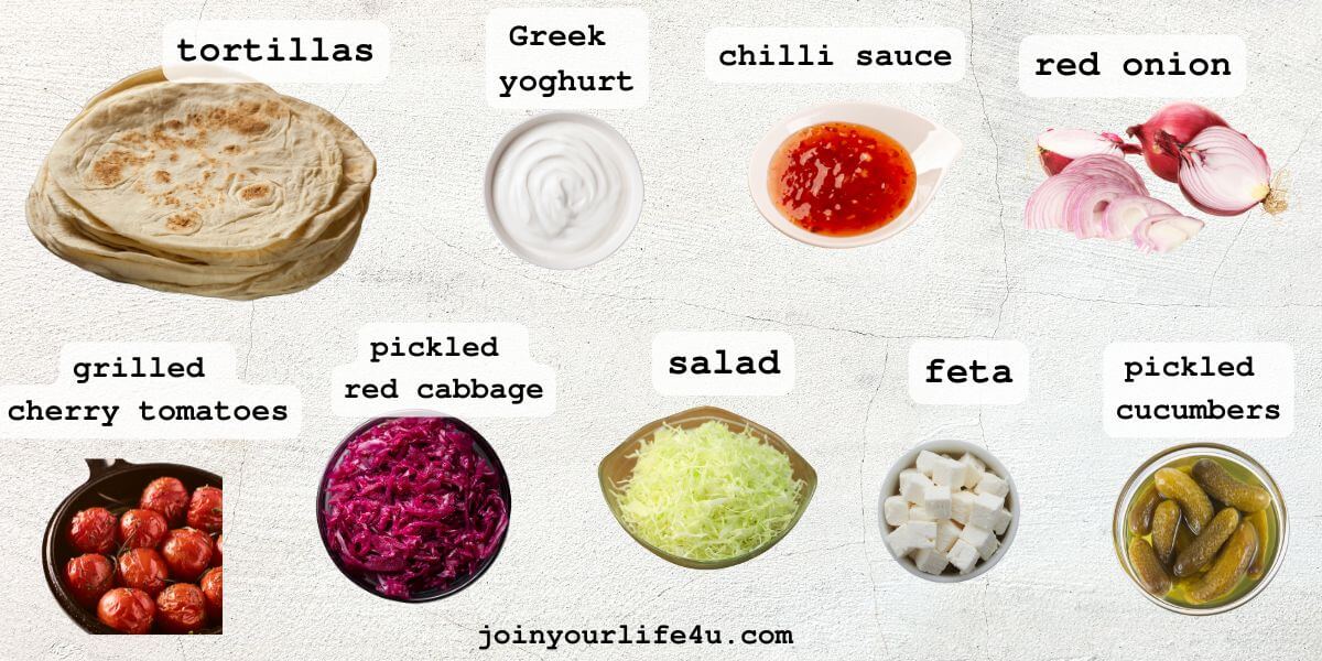 Tortillas, cherry tomatoes, Greek yogurt sauce, cucumber, red cabbage, red onion, salad greens, Sriracha, chilli sauce, harissa, feta crumbles, individually displayed on a table. 