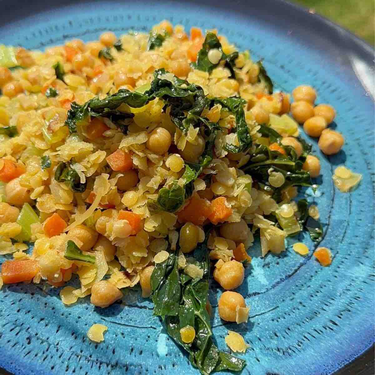 Vegetarian Mediterranean Bowl: A plate filled with sautéed onions, diced celery, cubed carrots, chopped garlic, chickpeas, kale, cooked lentils, and a hint of cumin, seasoned with salt and pepper. Served with a dollop of Greek yogurt or kefir for a creamy finish.