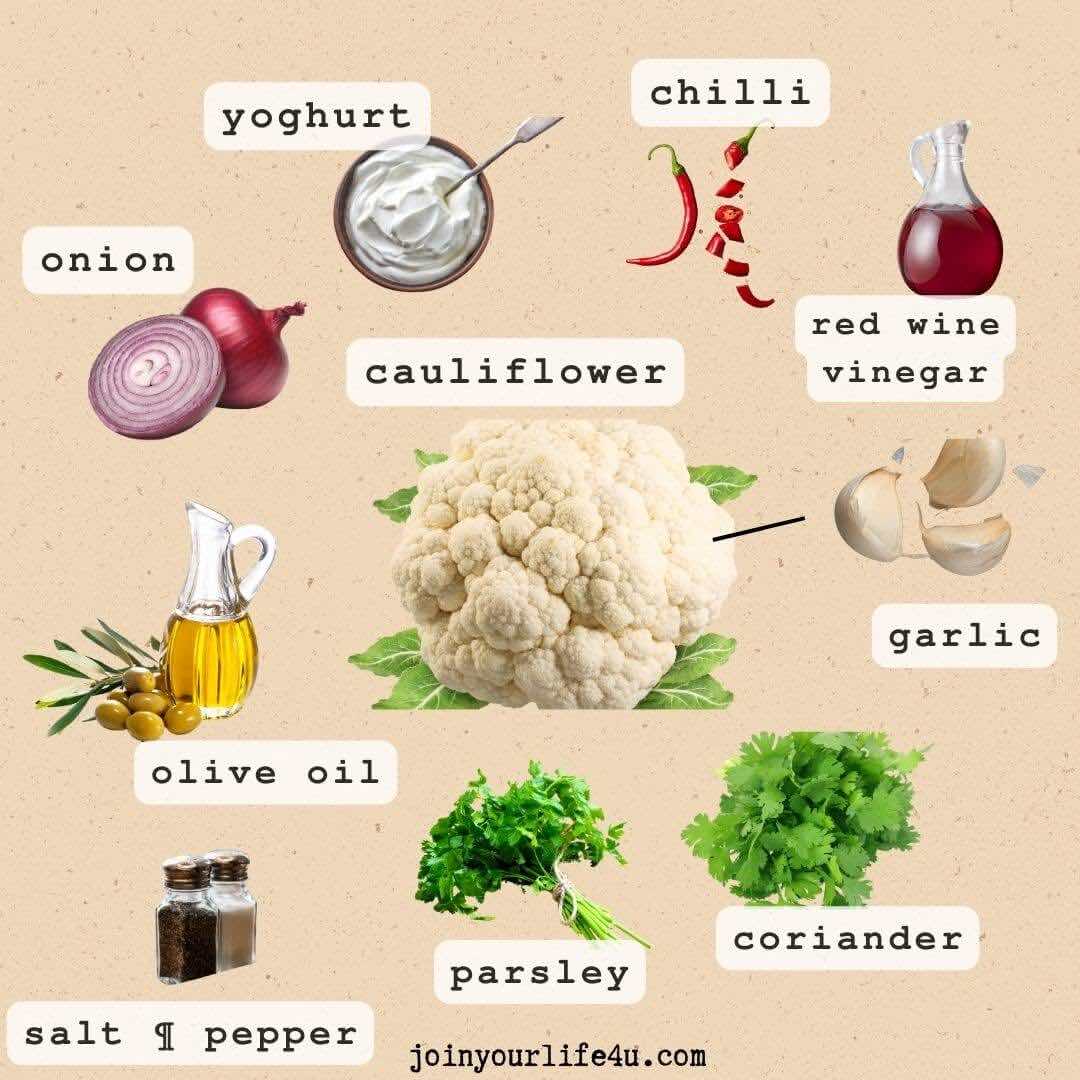 A vibrant ingredient shot featuring cauliflower florets, olive oil, salt, pepper, a small bunch of parsley, and ingredients for chimichurri sauce including finely chopped red onion, fresh parsley, fresh coriander, grated garlic, red wine vinegar, olive oil, diced chili, yoghurt, pepper, and seasoning