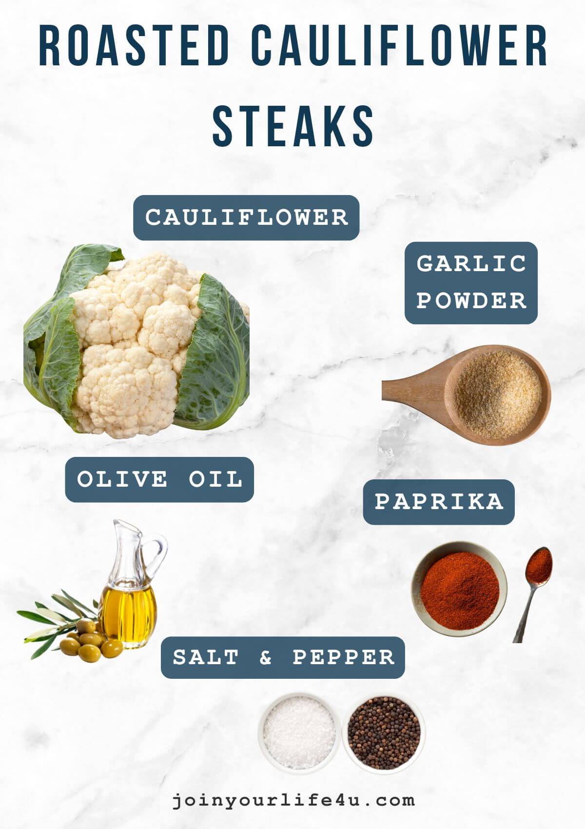 Cauliflower, olive oil, paprika, garlic powder, salt, pepper, individually displayed on a table.

