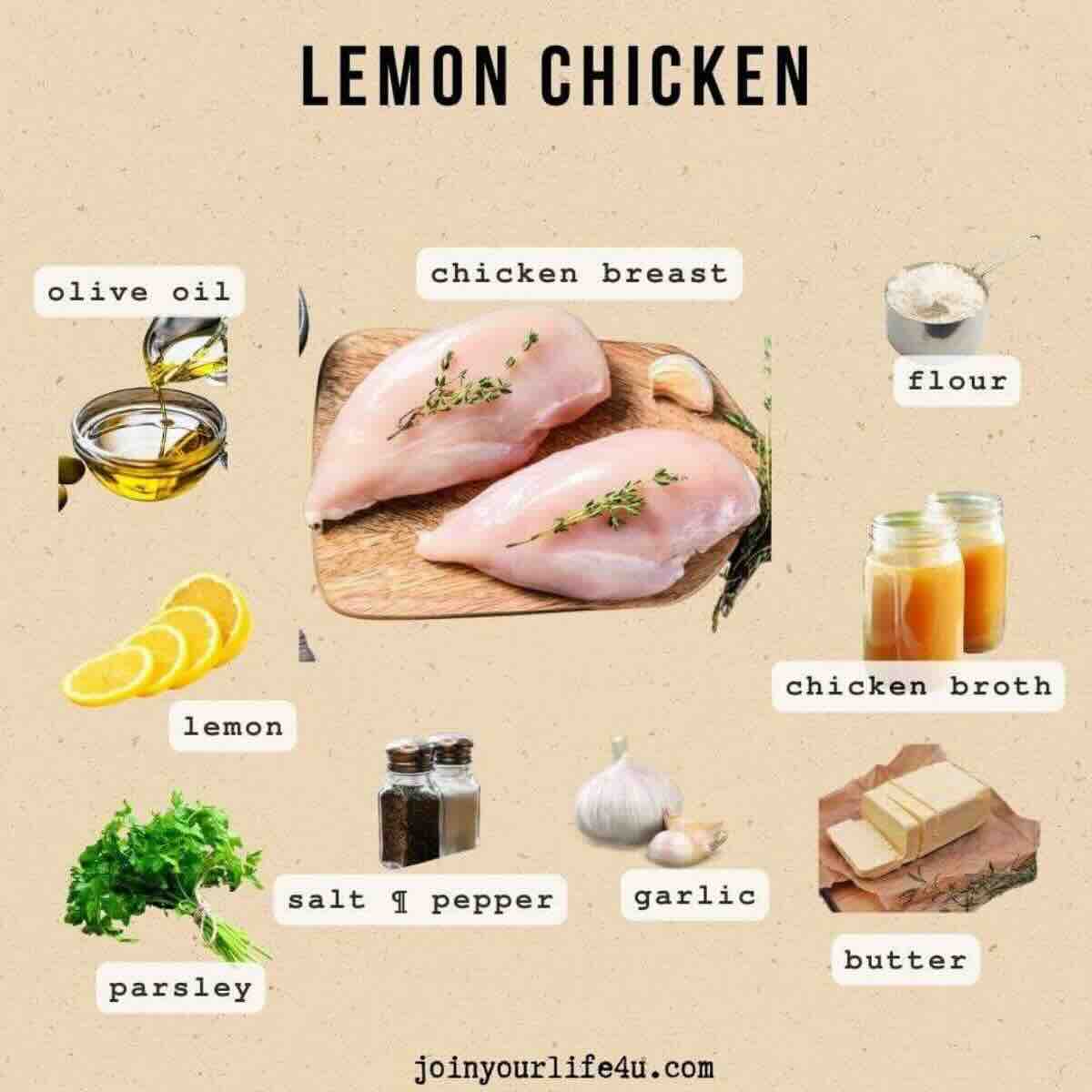 Chicken breasts, lemon, garlic, parsley, butter, olive oil, flour and seasonings on a table.