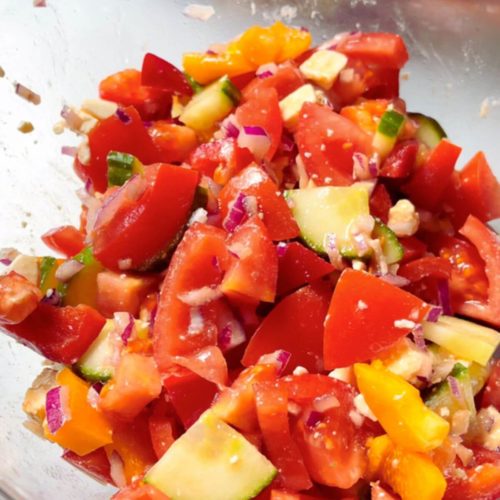 Fresh and colorful Feta, cucumber, and Tomato Salad in a bowl.