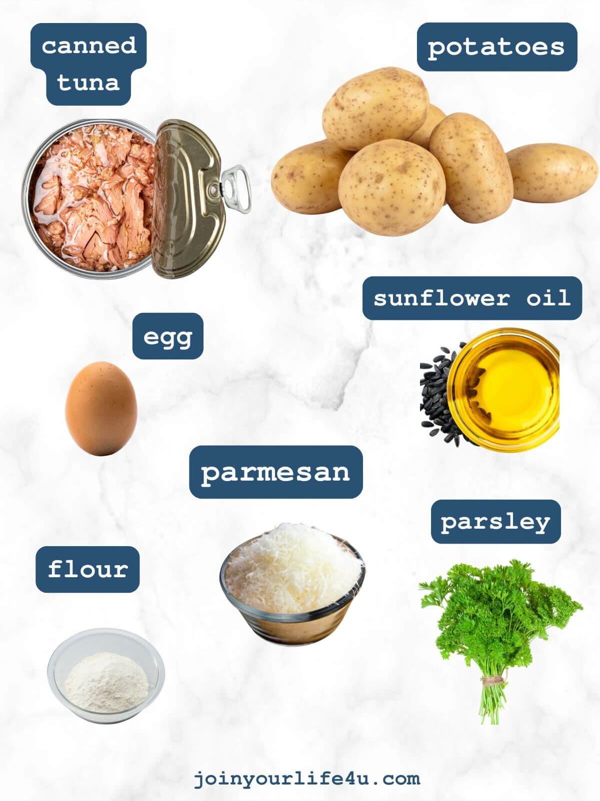 Boiled potatoes, tuna, parsley, egg, flour, parmesan, seasoning, sunflower oil, individually displayed on a table.