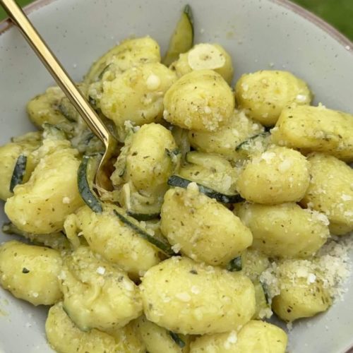 Gnocchi with Pesto and Zucchini in a bowl