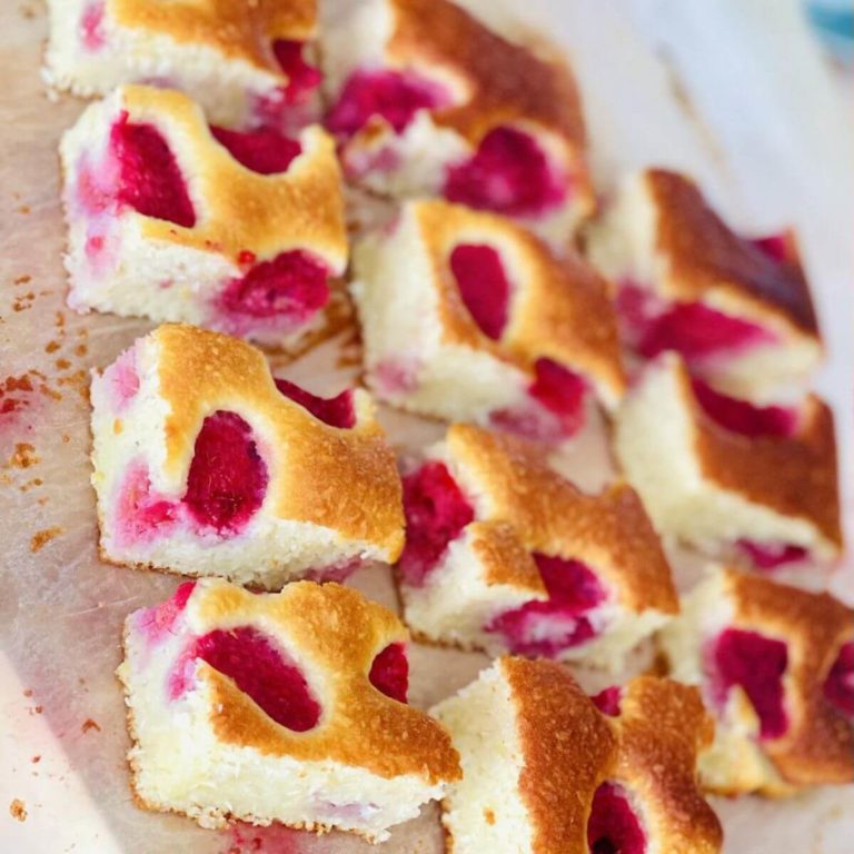 Square slices of Raspberry and Coconut Cake