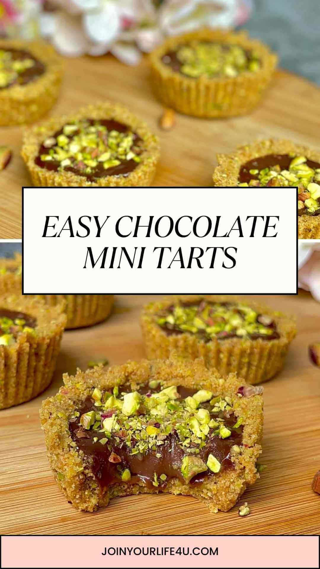 Chocolate Mini Tarts garnished with chopped pistachios on a wooden board.