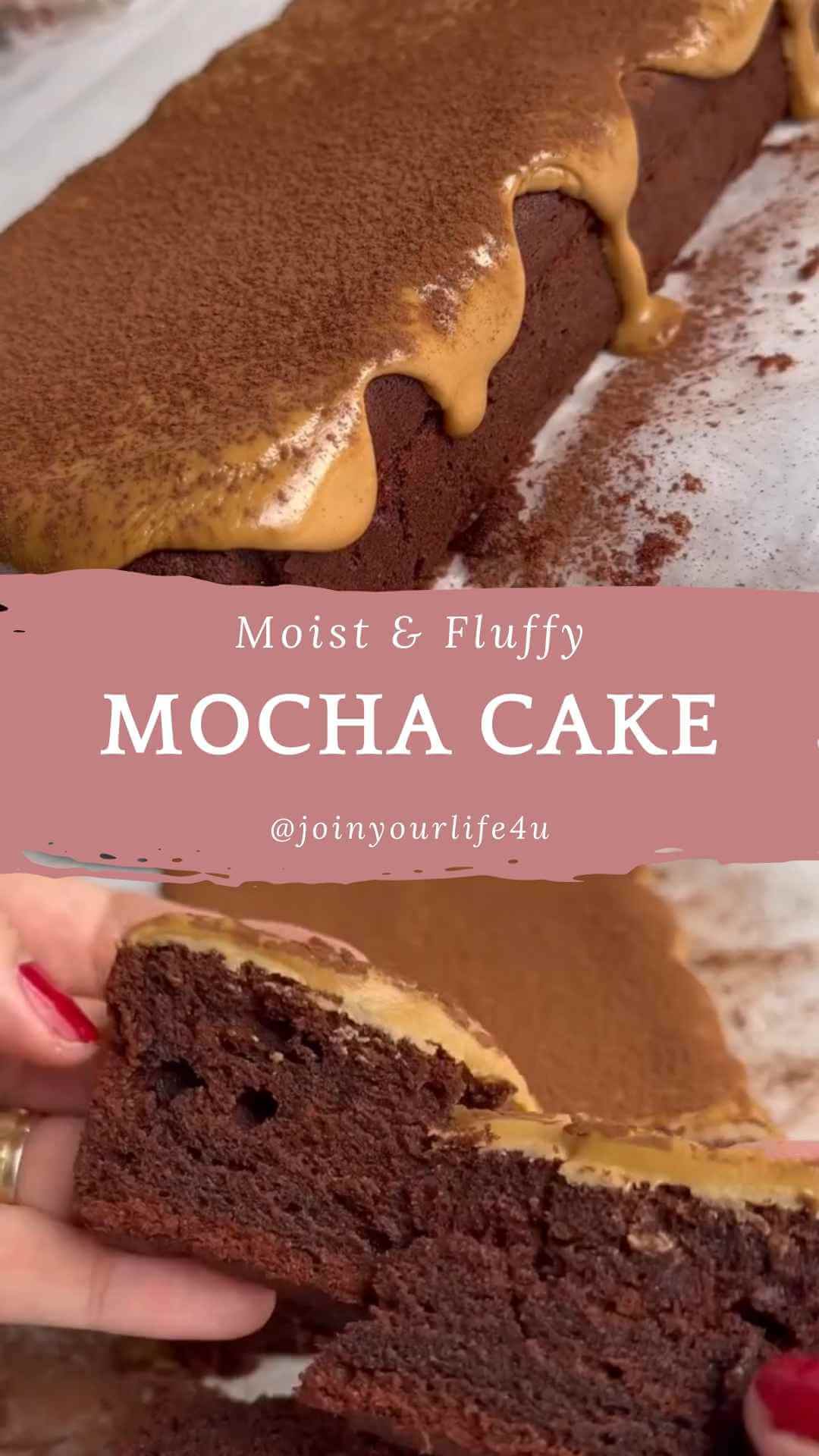 Mocha loaf cake with coffee icing - whole cake on display with a piece torn in two, revealing the moist interior