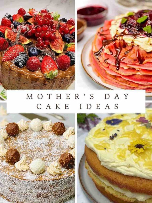 Collage of four Mother's Day cake ideas: Lemon cake, berry mousse chocolate cake, pink crepes cake, and orange cake.