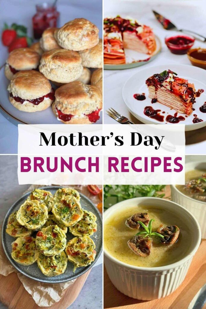Mother's Day brunch ideas with pancakes, fruit, breakfast casserole, and easy desserts.