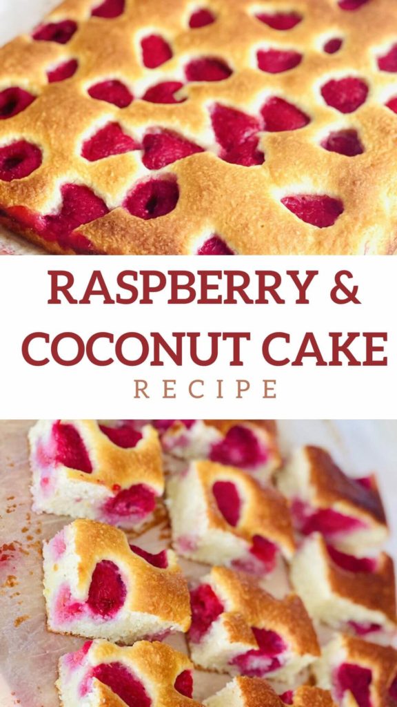 Raspberry and Coconut Cake Recipe collage with the whole cake and the cake sliced in square pieces