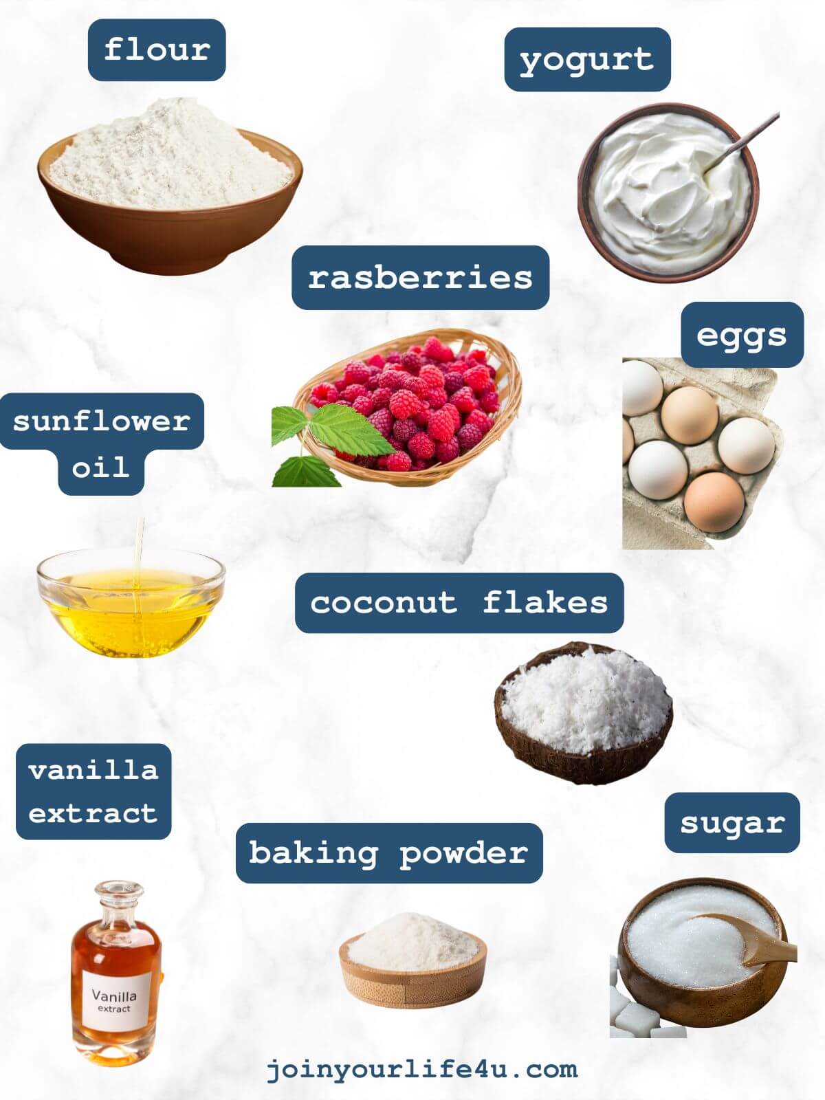 Eggs, sugar, vanilla extract, natural yoghurt, oil, flour, baking powder, coconut flakes, raspberries individually displayed on a table.