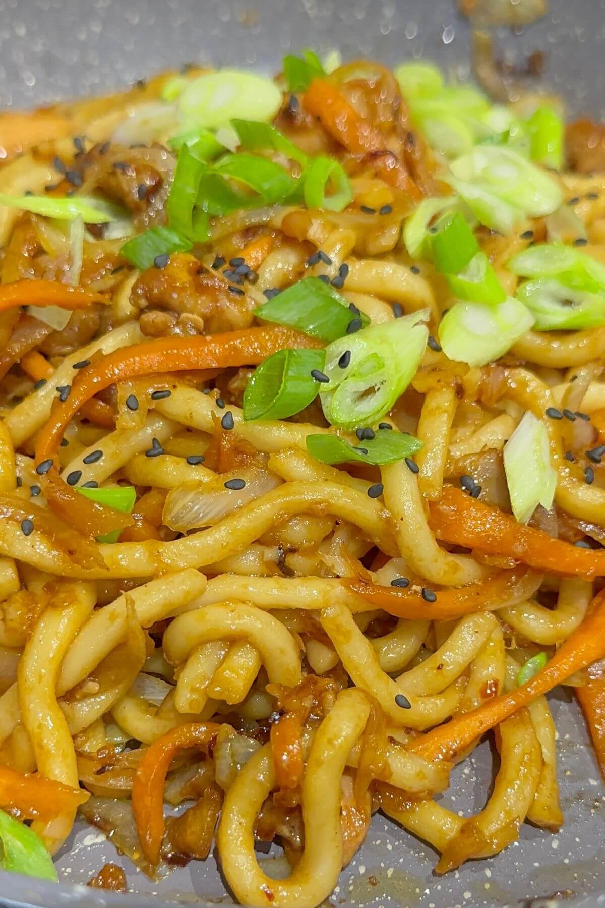 Udon noodles with teriyaki chicken in a pan, topped with green onions and sesame seeds.