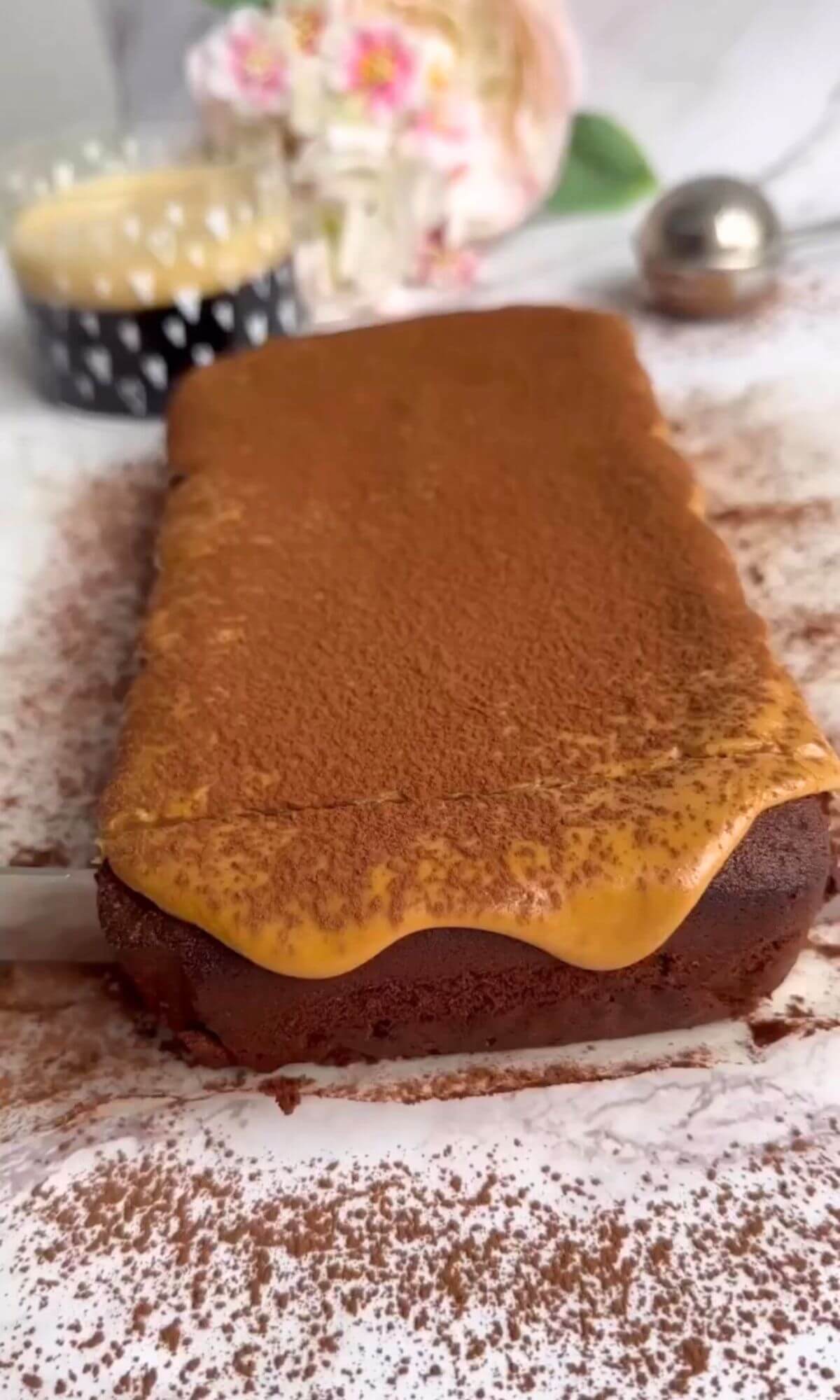 Mocha Loaf Cake decorated with coffee icing and dusted with cocoa. 