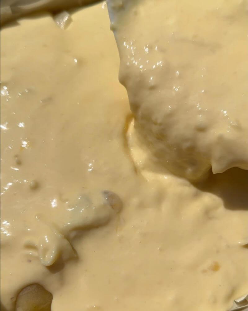 Layer of egg, milk, Parmesan, mozzarella, and yogurt mixture atop phyllo sheets for borek.