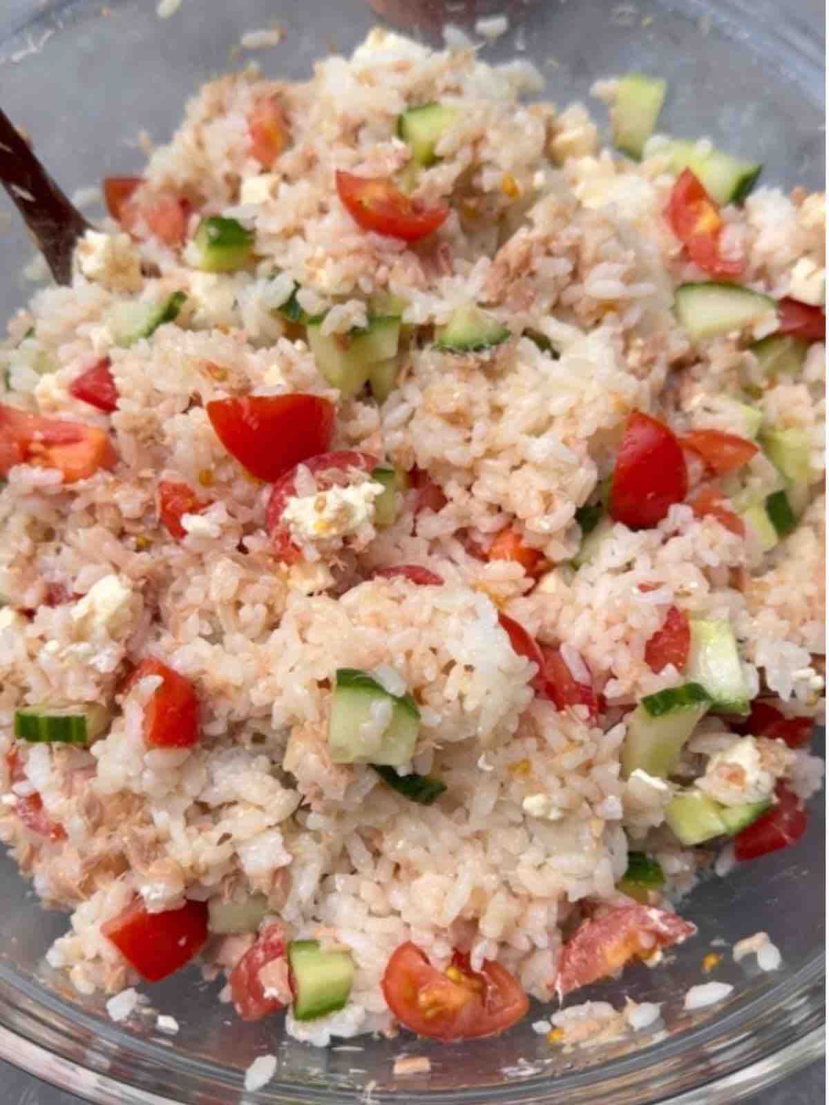 Quick mixed rice dish with fish, veggies, and cheese cubes