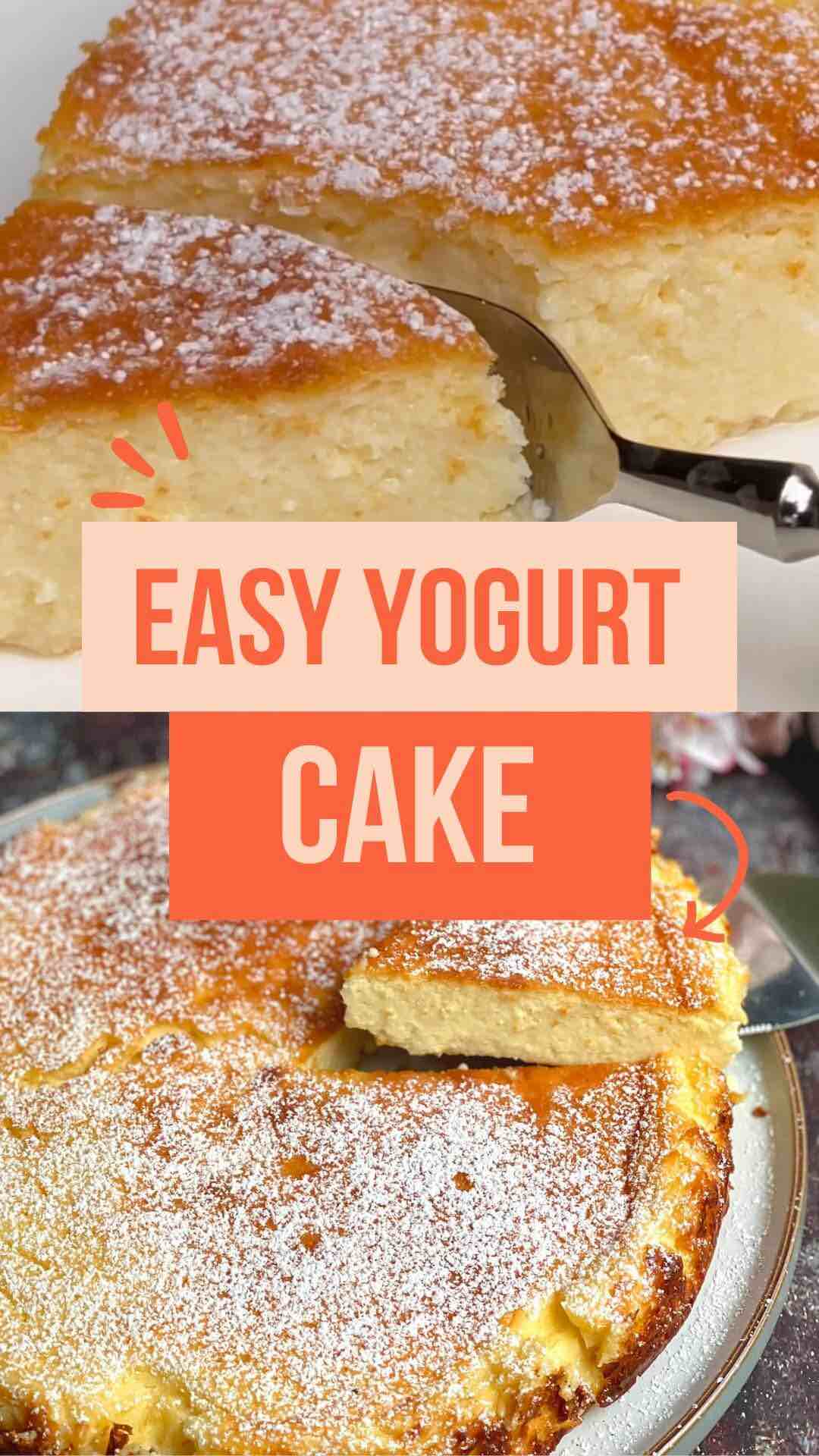 collage of Flourless yogurt cake topped with powdered