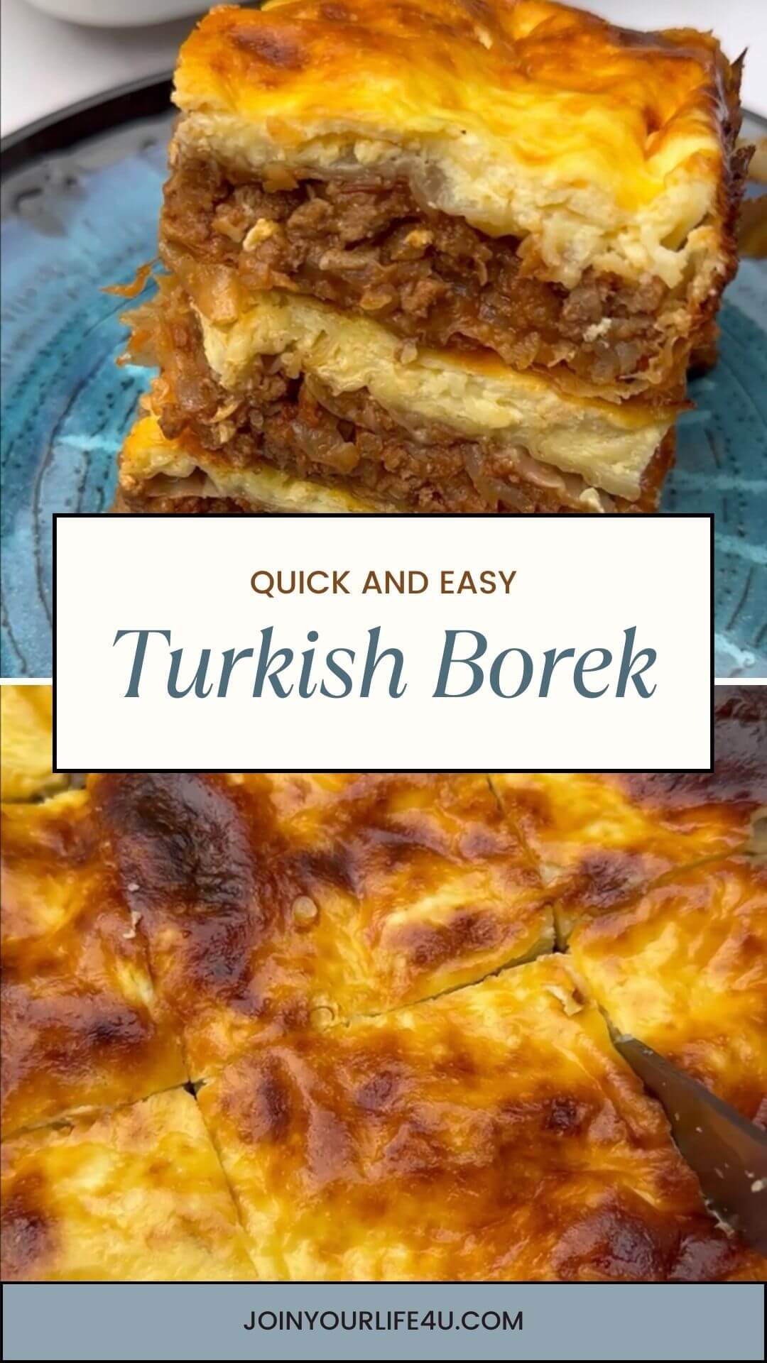Collage featuring freshly baked Turkish Börek with a golden-brown crust, served in a pan, and a stack of three portions of Turkish Börek. 