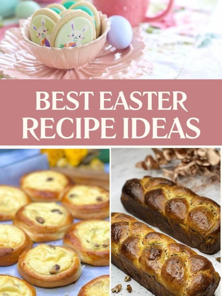 Collage of Easter recipes featuring mini ricotta cakes and walnut roll (cozonac cu nuca)