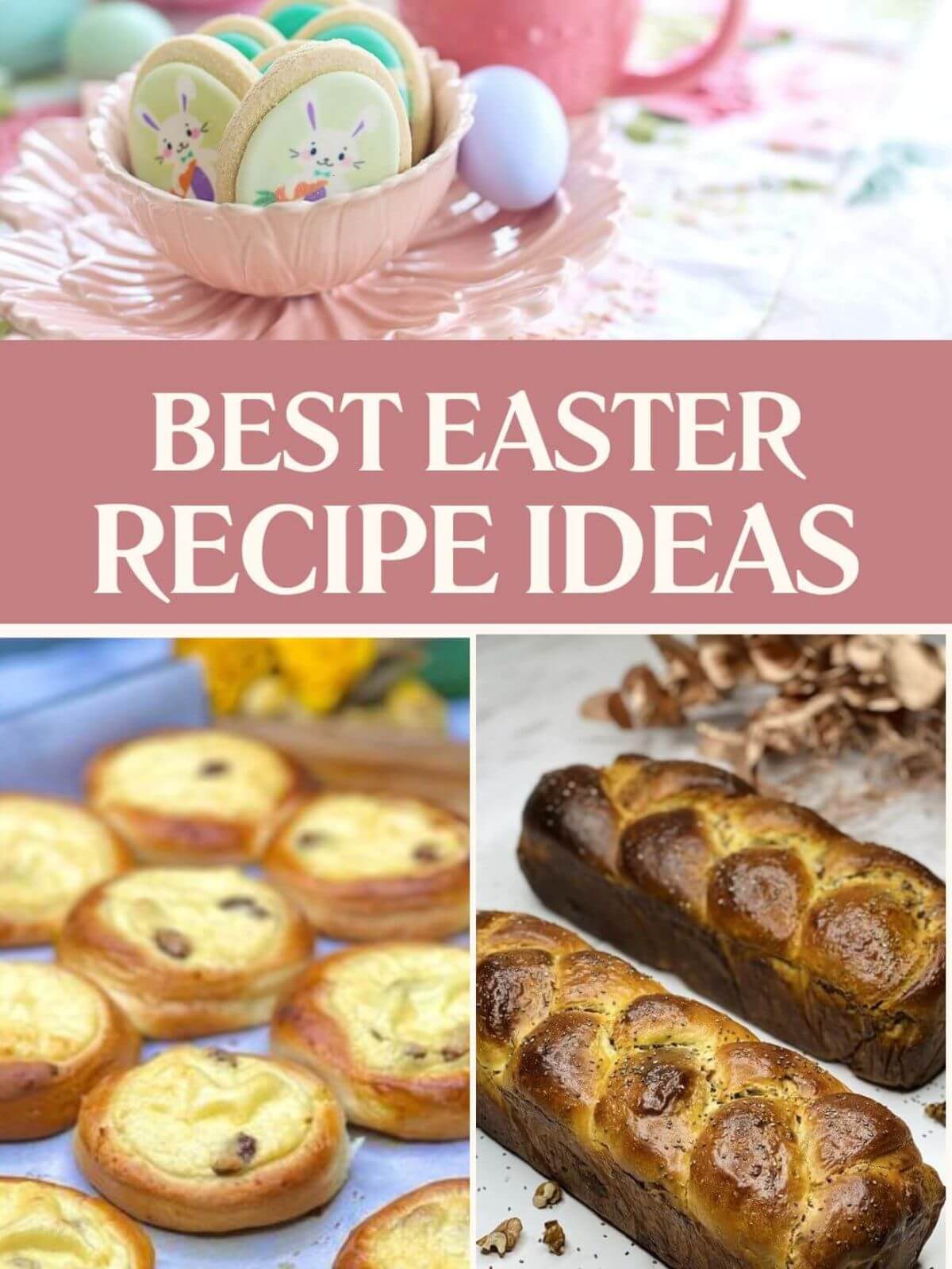 Collage of Easter recipe ideas featuring mini ricotta cakes and walnut roll (cozonac cu nuca)