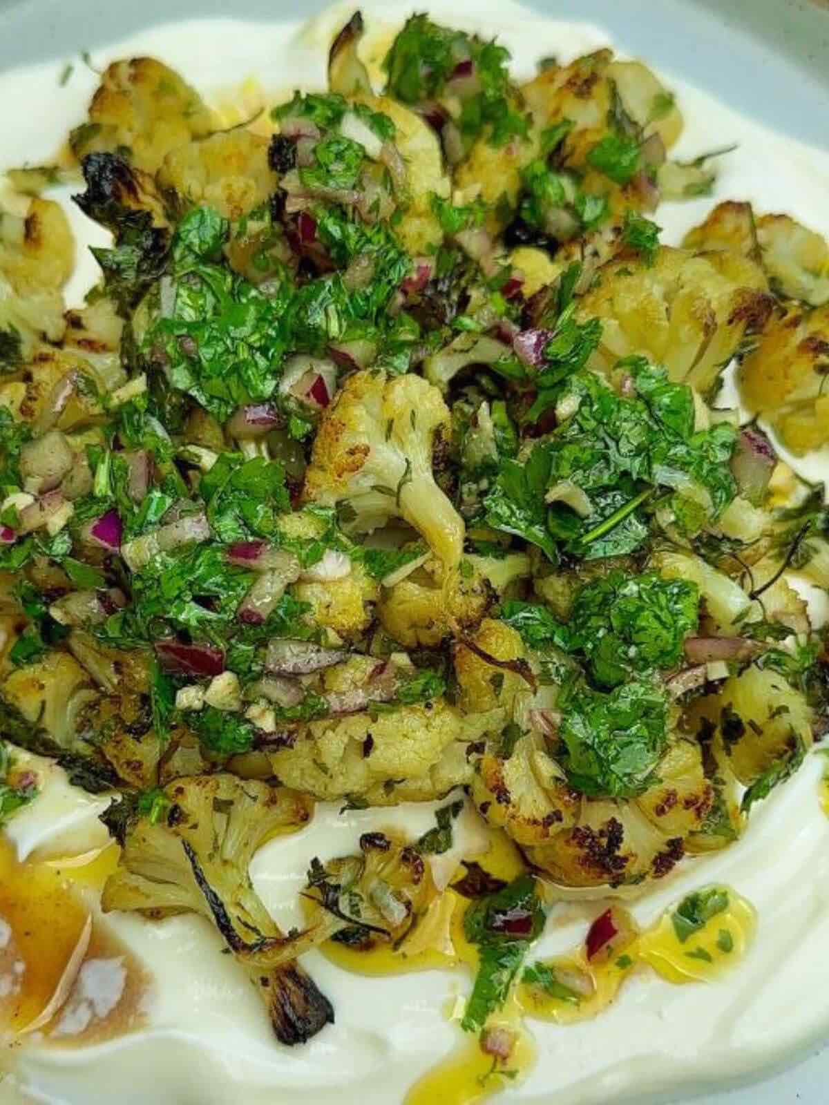 Roasted Cauliflower with Greek Yogurt and Chimichurri Sauce