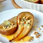 Baked Gorgonzola pears with melted cheese and honey drizzle