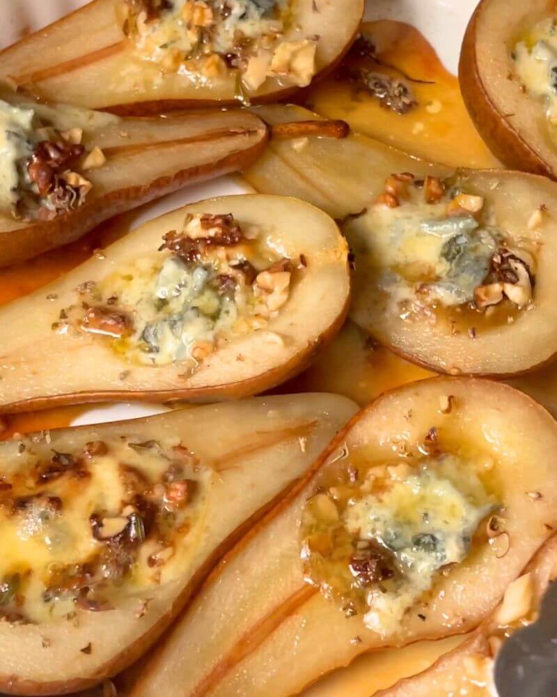 Baked Gorgonzola Pears drizzled with honey. 