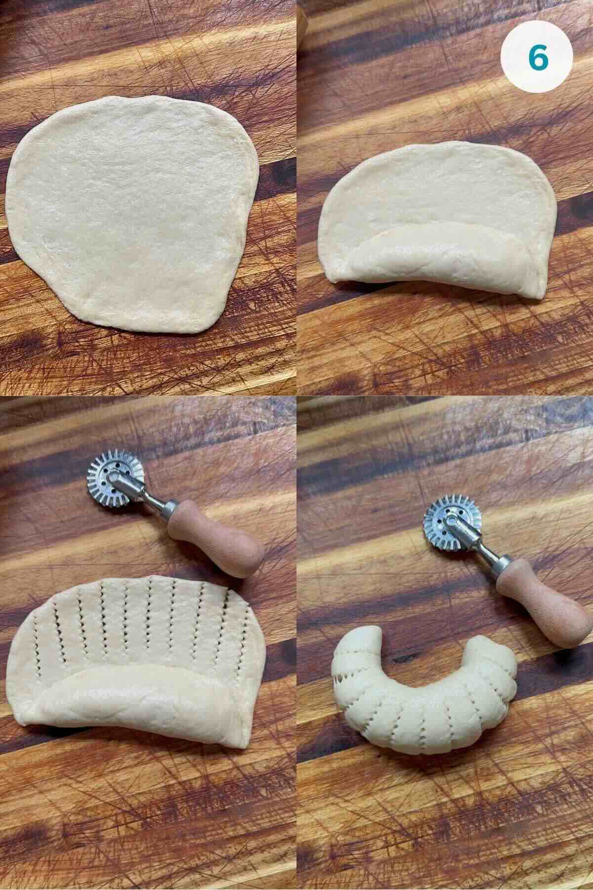 Dough shaped into a circle, filled with jam and nuts, rolled over cut strips.