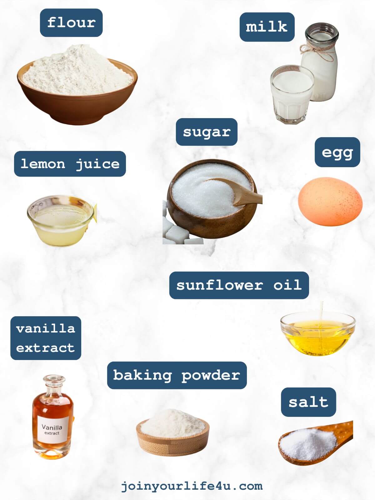 Egg, sugar, lemon juice, sunflower oil, milk, vanilla essence, flour, baking powder, salt, individually displayed on a table.