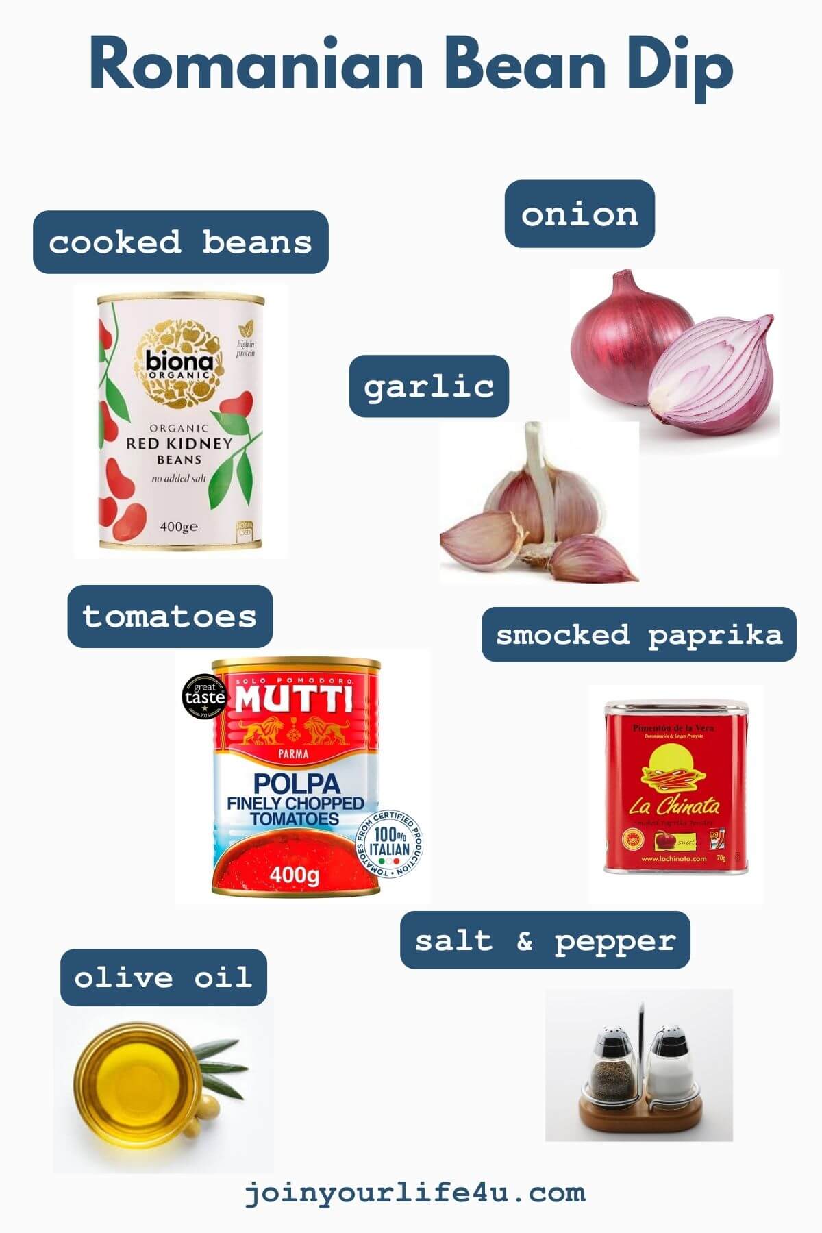 Kidney beans, olive oil, onion, garlic, tomato juice, smoked paprika, individually displayed on a table.