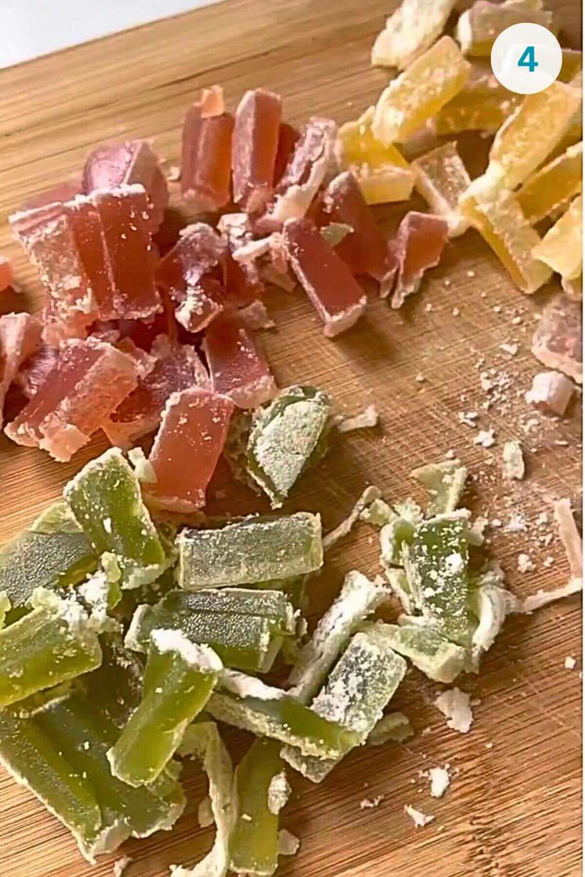 Turkish delight cut into small cubes, ready for filling the rolls.