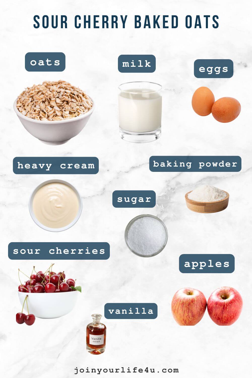 Oat flour batter with apples, sour cherries, eggs, milk, cream, vanilla, and baking powder in a bowl.