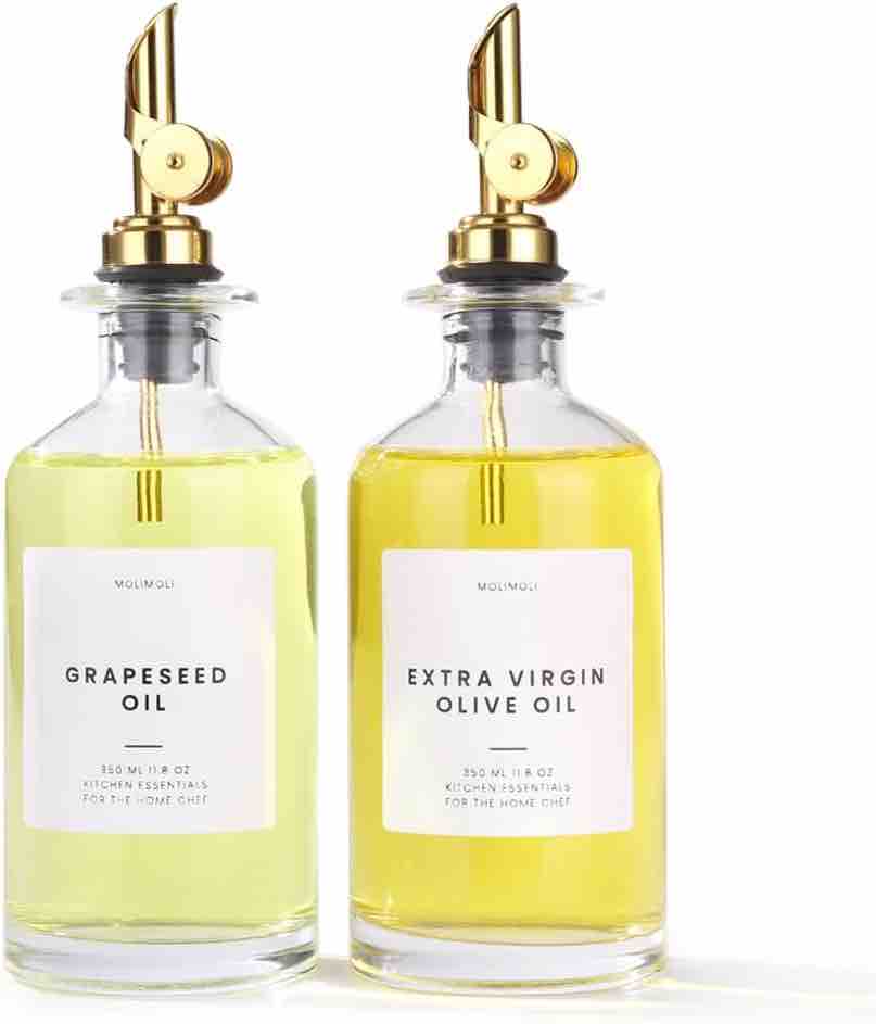 Molimoli Deluxe Olive Oil Dispenser Bottle -Set of 2 350ml Glass Bottles With Gold Pourer for Kitchen and Cooking- Vintage Oil and Vinegar Bottle with Labels