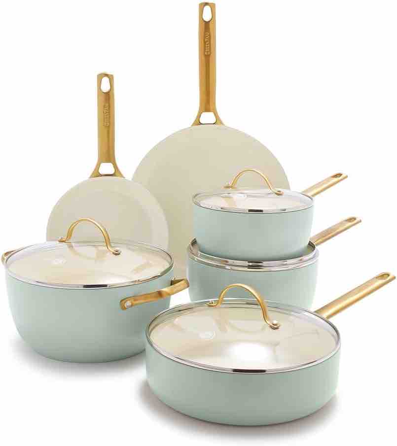 GreenPan Reserve Hard Anodized Healthy Ceramic Nonstick Cookware Set, 10 Pieces, Includes Frying Pans, Sauté Pan and Stockpot, Gold Handle, PFAS-Free, Induction, Oven Safe, Mint Green