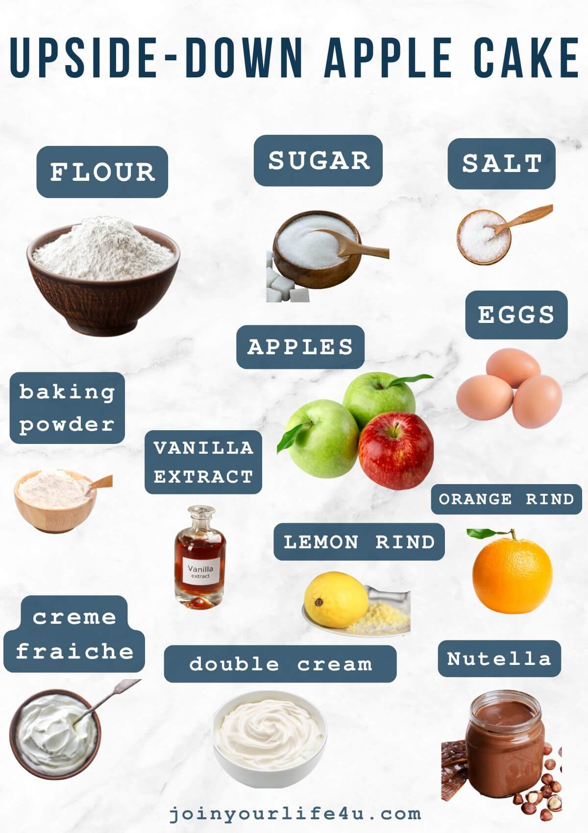 Eggs, sugar, cake flour, baking powder, apples, double cream, crème fraîche, Nutella, vanilla, citrus peel, individually displayed on a table.