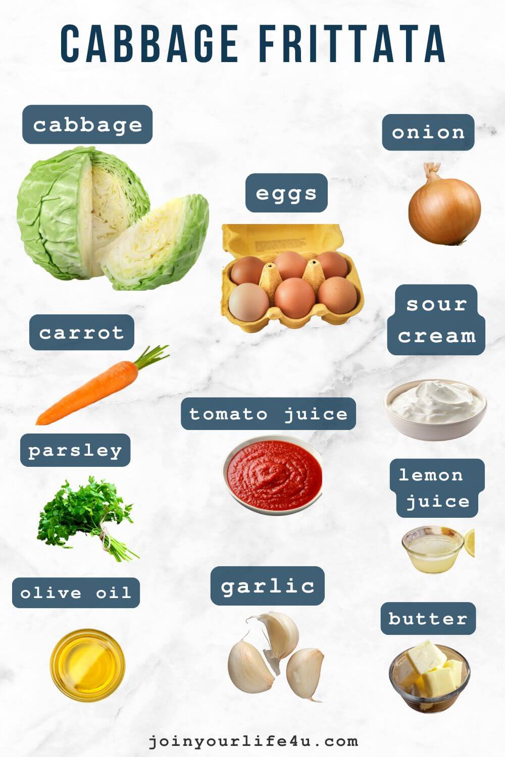 Cabbage, onion, carrot, olive oil, butter, tomato juice, cream, eggs, garlic, dill, individually displayed on a table.