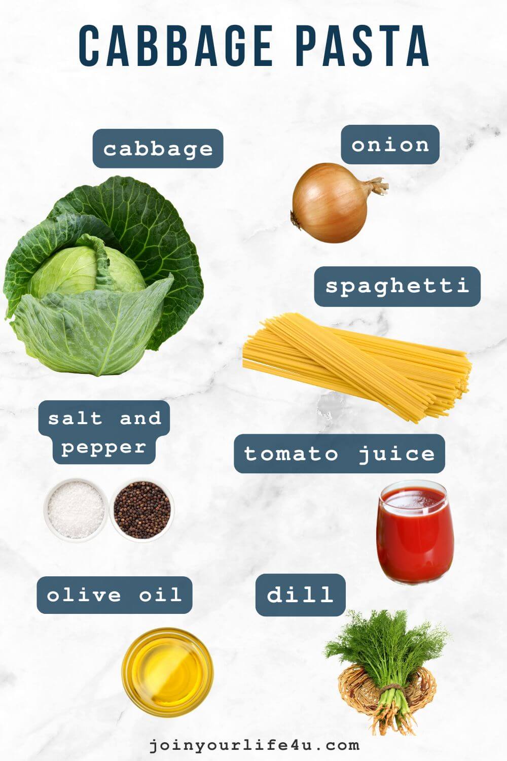 Cabbage, onion, tomato sauce, olive oil, pasta, dill, individually displayed on a table.