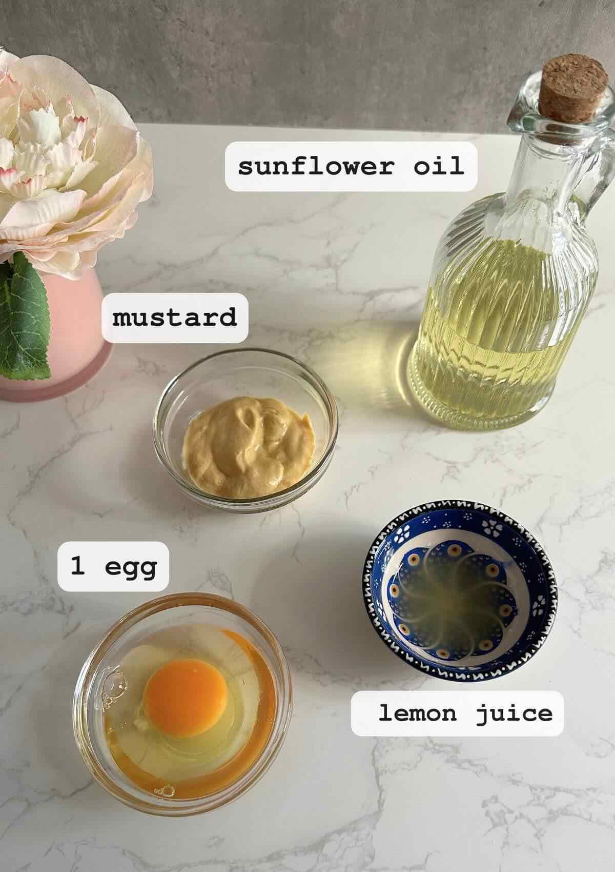 Ingredients for 4-ingredient mayo: sunflower oil, egg, mustard, and lemon juice, each labeled clearly.