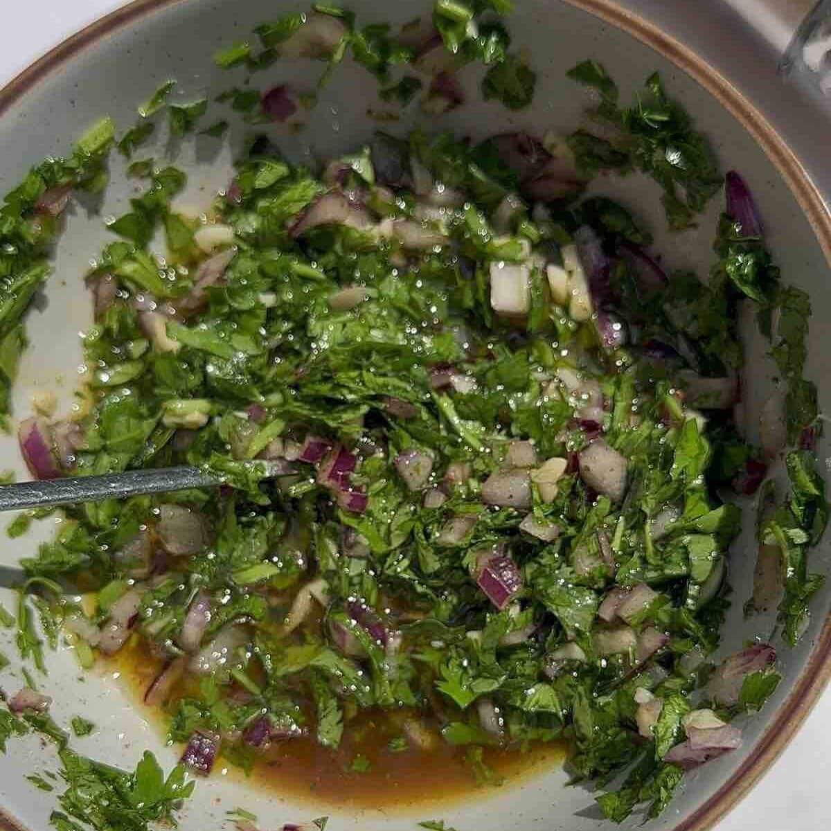 Chimichurri sauce with red onion, parsley, coriander, garlic, vinegar, olive oil, chili, salt, and pepper.