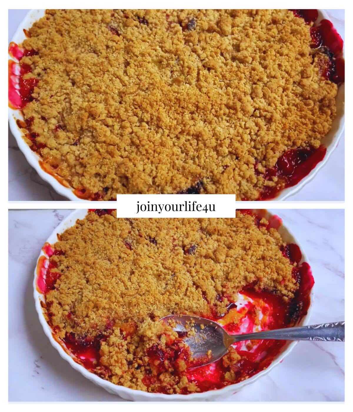 Plum crumble in a ceramic dish, revealing the juicy plum filling at the bottom with two spoons taken out.