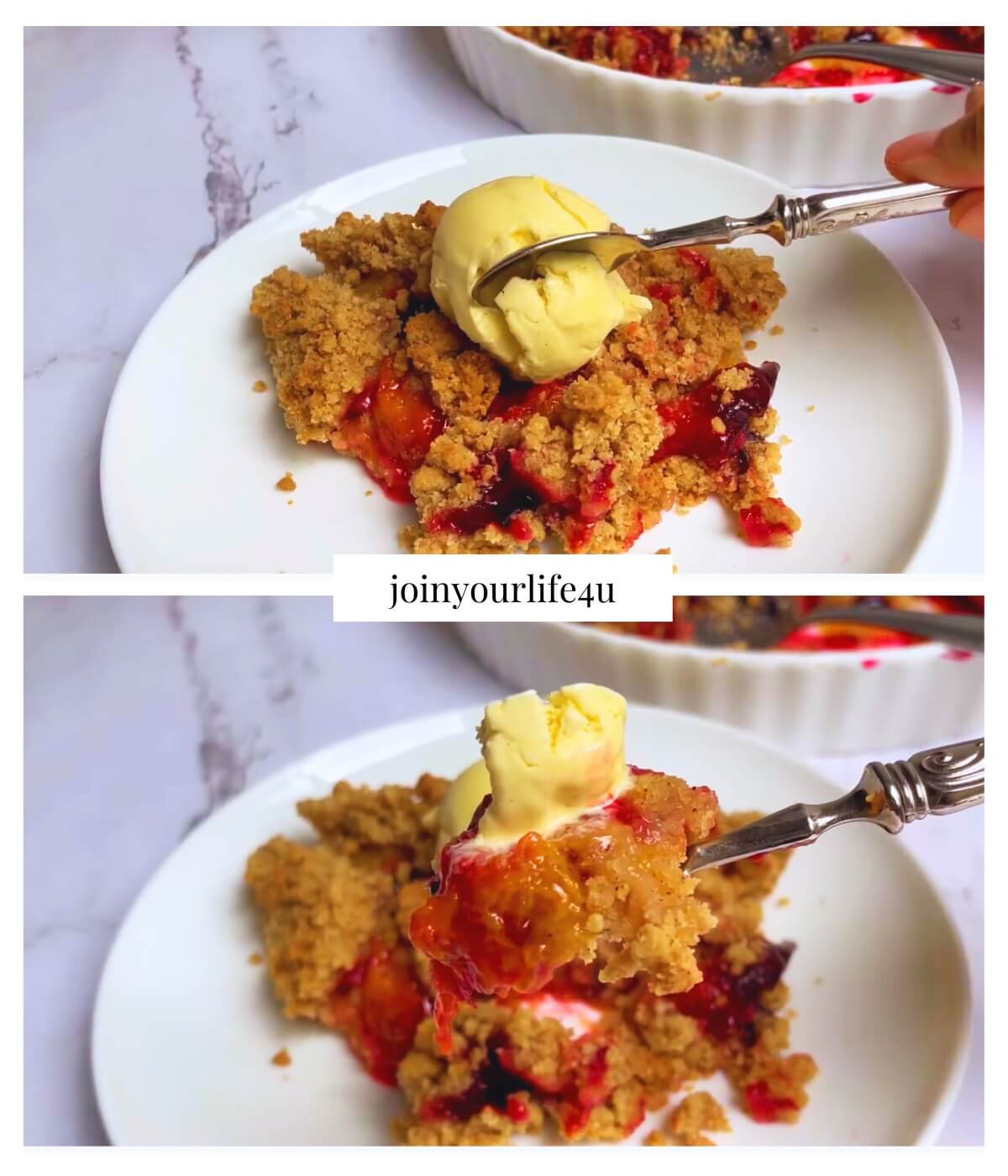 Spoon lifting plum crumble with ice cream, showing the golden topping and juicy plums.